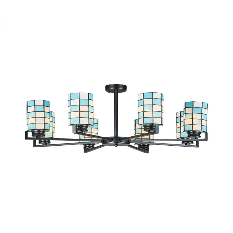 Black/White Stained Glass Semi Mount Cylinder Ceiling Light - 3/6/8 Lights - Baroque Style