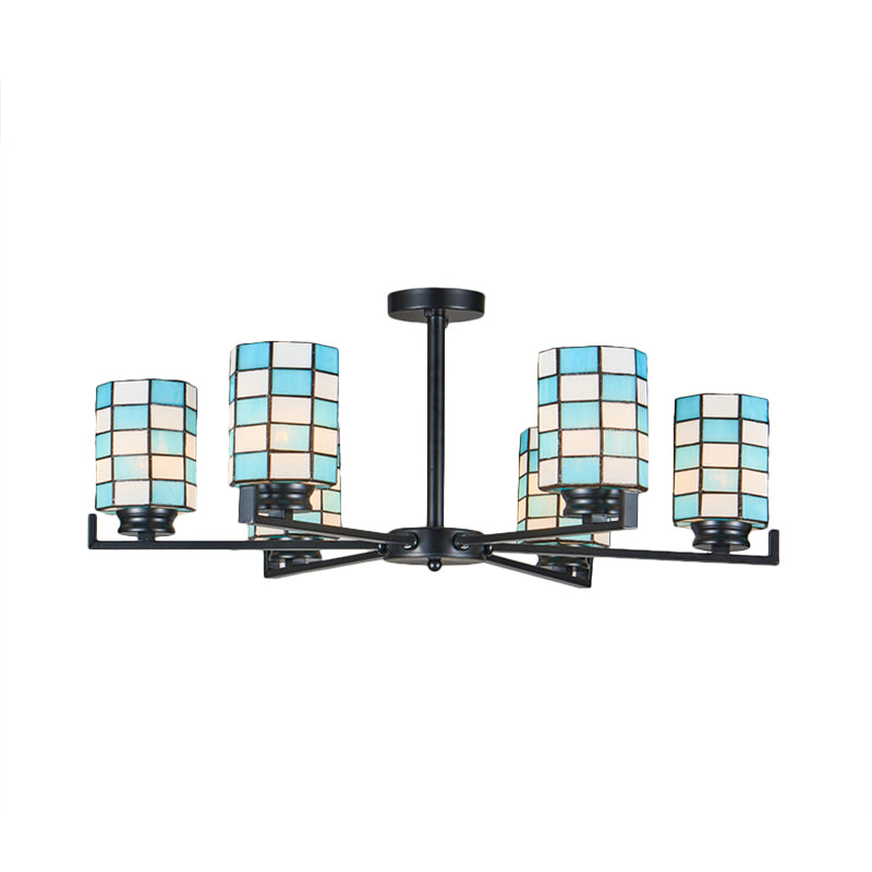 Black/White Stained Glass Semi Mount Cylinder Ceiling Light - 3/6/8 Lights - Baroque Style