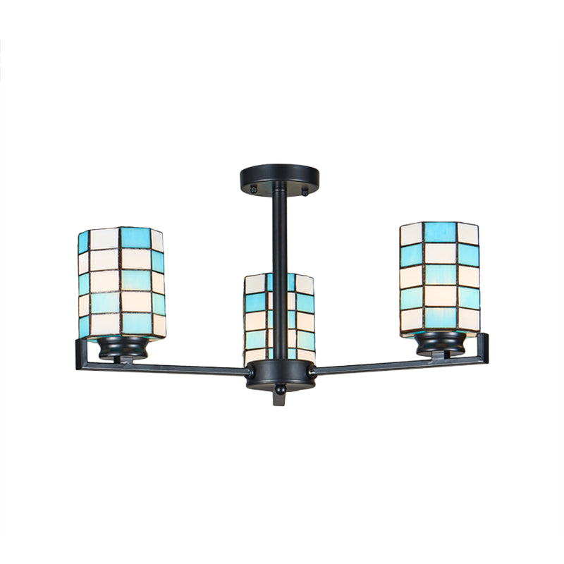 Black/White Stained Glass Semi Mount Cylinder Ceiling Light - 3/6/8 Lights - Baroque Style