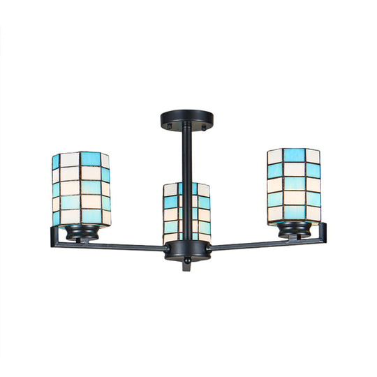 Black/White Stained Glass Semi Mount Cylinder Ceiling Light - 3/6/8 Lights Baroque Style 3 / Black