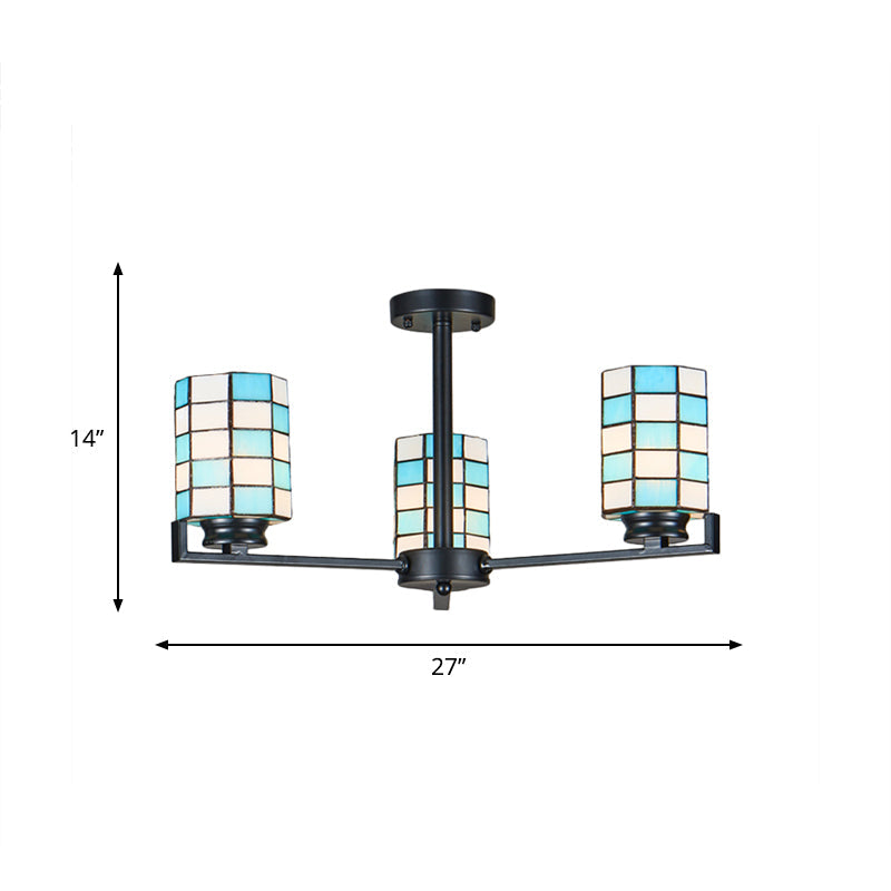 Black/White Stained Glass Semi Mount Cylinder Ceiling Light - 3/6/8 Lights - Baroque Style