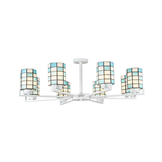 Black/White Stained Glass Semi Mount Cylinder Ceiling Light - 3/6/8 Lights - Baroque Style