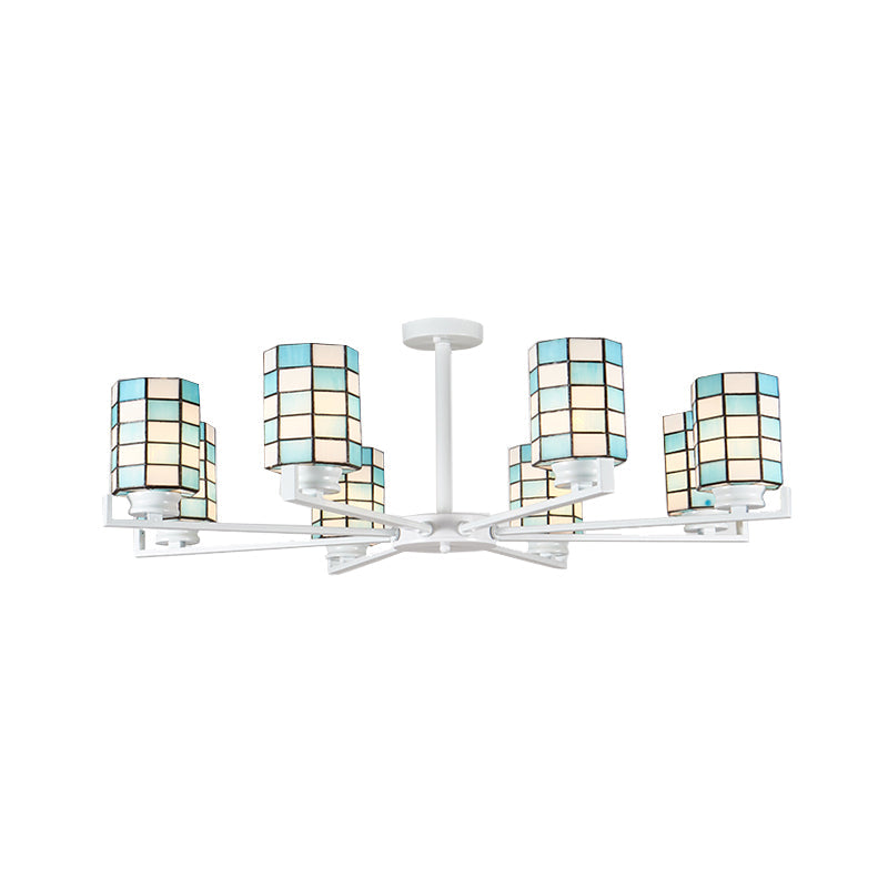 Black/White Stained Glass Semi Mount Cylinder Ceiling Light - 3/6/8 Lights Baroque Style 8 / White