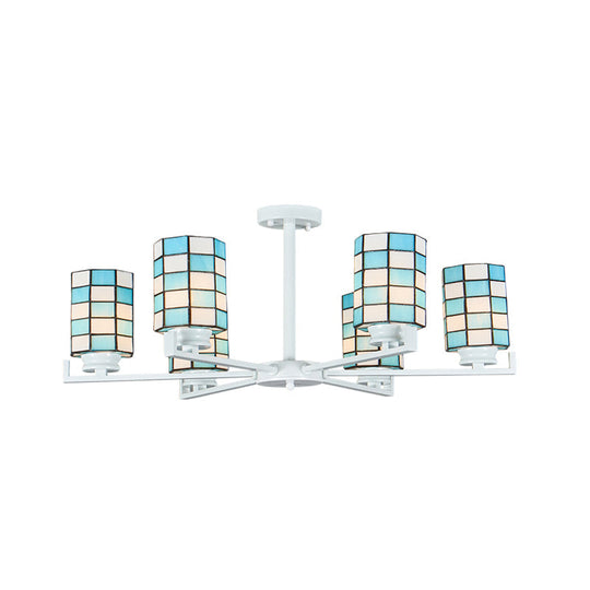 Black/White Stained Glass Semi Mount Cylinder Ceiling Light - 3/6/8 Lights - Baroque Style