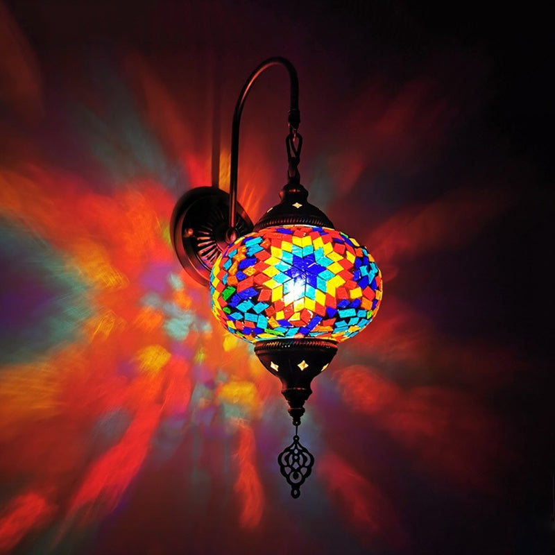 Stained Glass Globe Wall Sconce - Decorative Indoor Lamp (1 Head) In Red/Sky Blue/Purple Red