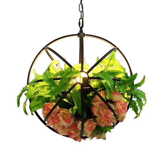 Antique Global Hanging Chandelier With Metal Led Rose Pendant In Black - 4 Bulb Light Fixture