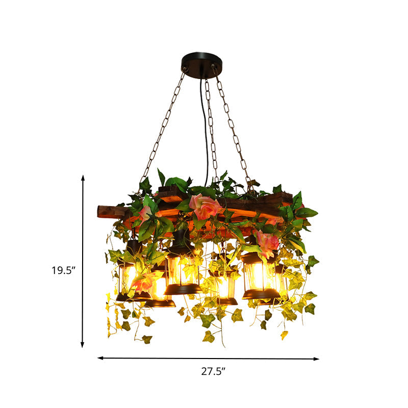 Antique Metal Chandelier with 6 LED Heads and Green Plant Decoration for Restaurant Pendant Lighting