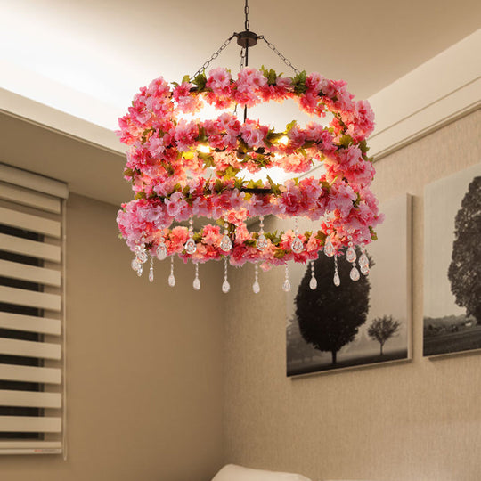 Vintage Round Chandelier Pendant Light in Pink with Crystal Accents - Metal LED Flower Design, 6 Bulbs