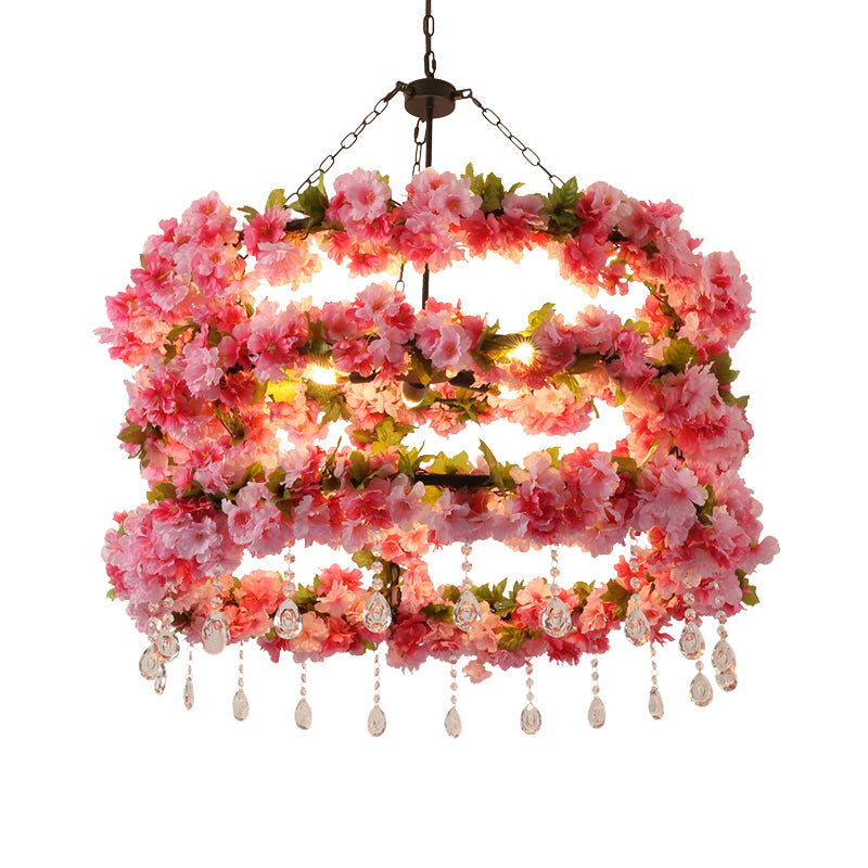 Vintage Round Chandelier Pendant Light in Pink with Crystal Accents - Metal LED Flower Design, 6 Bulbs