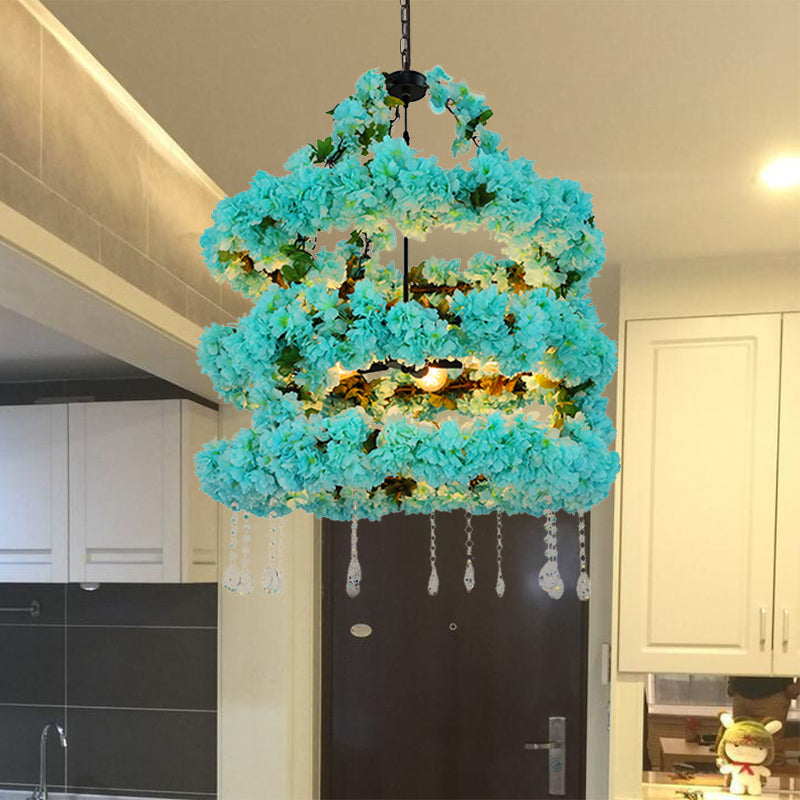 Blue Vintage Metal Flower Chandelier with Crystal Accent and LED Suspension Pendant