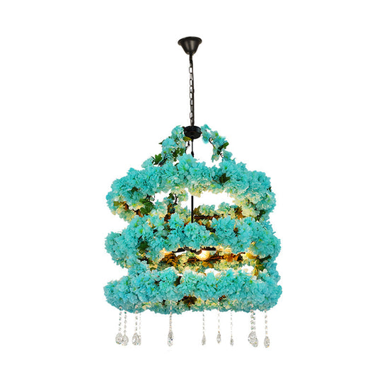 Blue Vintage Metal Flower Chandelier with Crystal Accent and LED Suspension Pendant