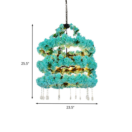 Vintage Metal Flower Chandelier With Blue Led Suspension And Crystal Accent