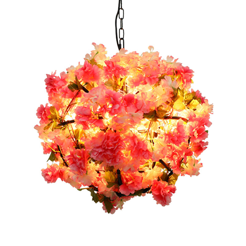 Industrial Metal Ball Chandelier Light with Pink LED Bulbs and Cherry Blossom Design