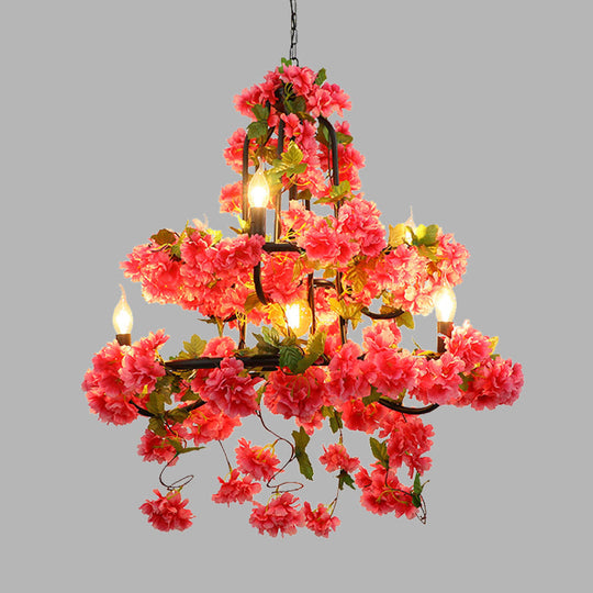 Vintage Metal Cherry Blossom Chandelier With 7 Rose Red Led Lights For Restaurant Lighting