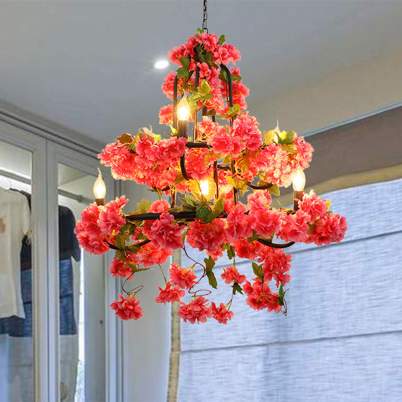 Vintage Metal Chandelier Lighting - Cherry Blossom Restaurant | 7 Lights - Rose Red LED Suspension Lamp