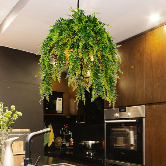 Retro Green Plant Restaurant LED Ceiling Chandelier - 3-Bulb Metal Hanging Light