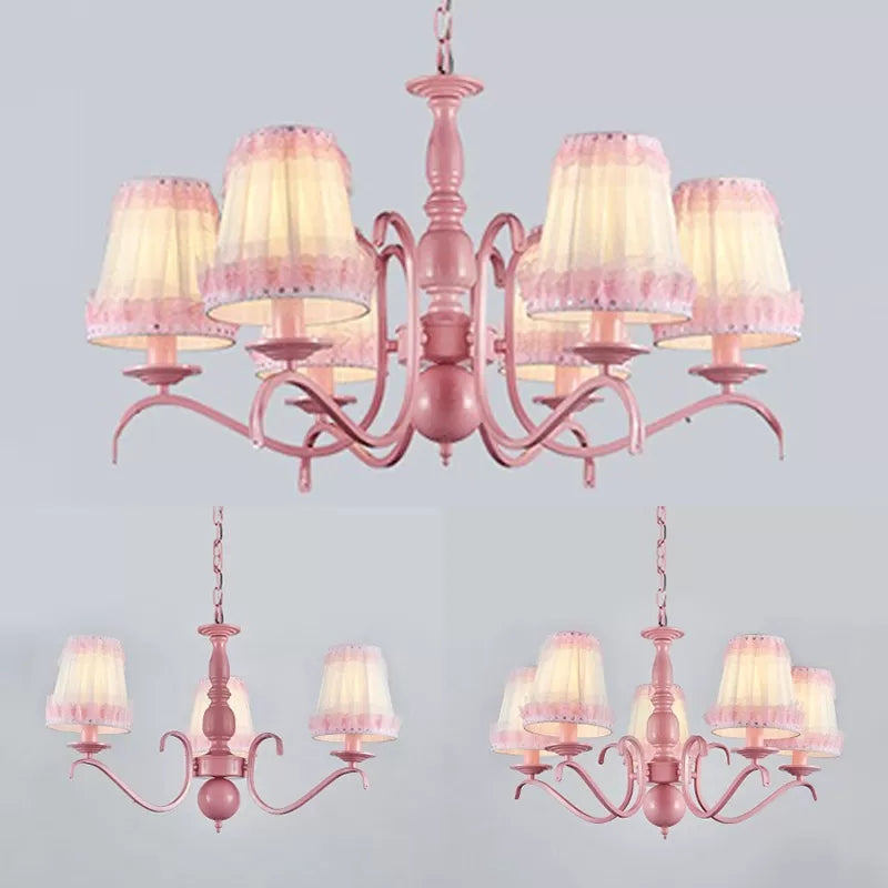 Pink Lace Metal Trapezoid Chandelier With Hanging Lamp For Kids Restaurant