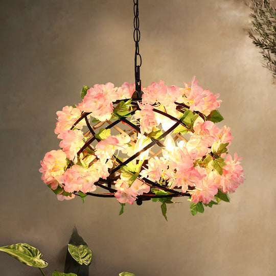 Industrial Metal LED Chandelier Light with 3 Bulbs in Pink, Cherry Blossom Design