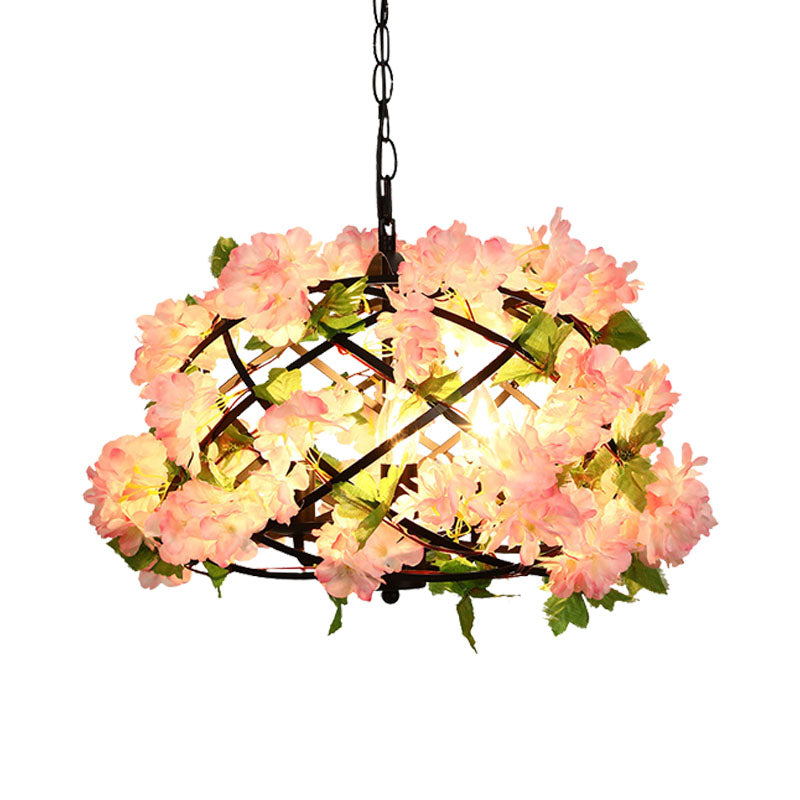 Industrial Metal LED Chandelier Light with 3 Bulbs in Pink, Cherry Blossom Design