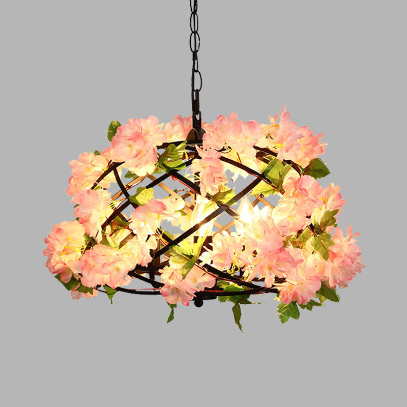 Industrial Metal LED Chandelier Light with 3 Bulbs in Pink, Cherry Blossom Design