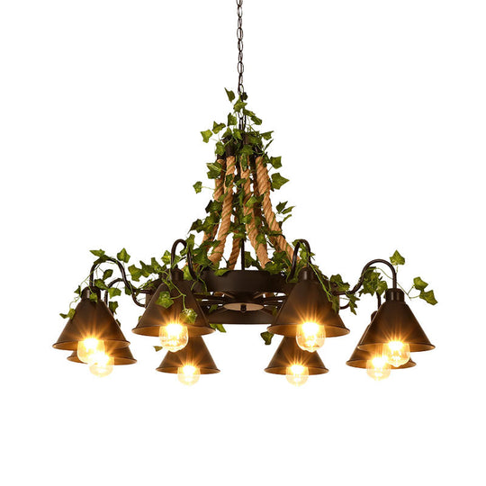 Industrial Cone Ceiling Chandelier - Hemp Rope LED Hanging Light Fixture, 8 Bulbs, Black with Plant Décor