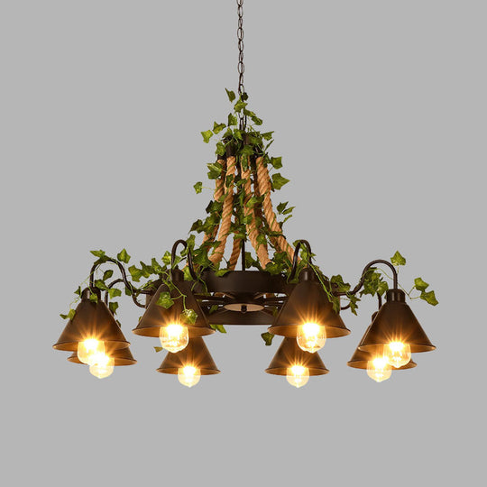 Industrial Cone Ceiling Chandelier: 8-Bulb Hemp Rope Led Pendant Light In Black With Plant-Styled