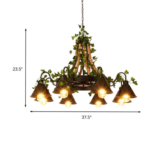 Industrial Cone Ceiling Chandelier - Hemp Rope LED Hanging Light Fixture, 8 Bulbs, Black with Plant Décor