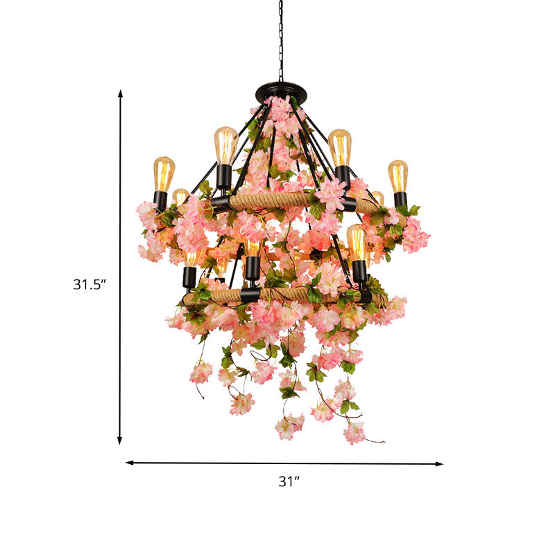 Industrial Metal Chandelier Pendant Light - Pink 2 Tiers, 14 Heads - Restaurant Hanging Lamp with Cherry Blossom Accents