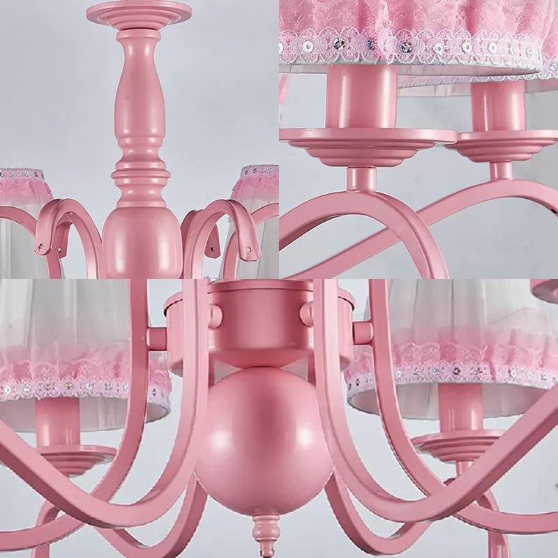 Pink Lace Metal Trapezoid Chandelier With Hanging Lamp For Kids Restaurant