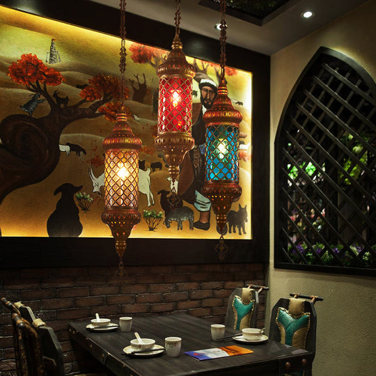 Colorful Glass Lantern Pendant Light For Restaurant - Traditional Design Yellow