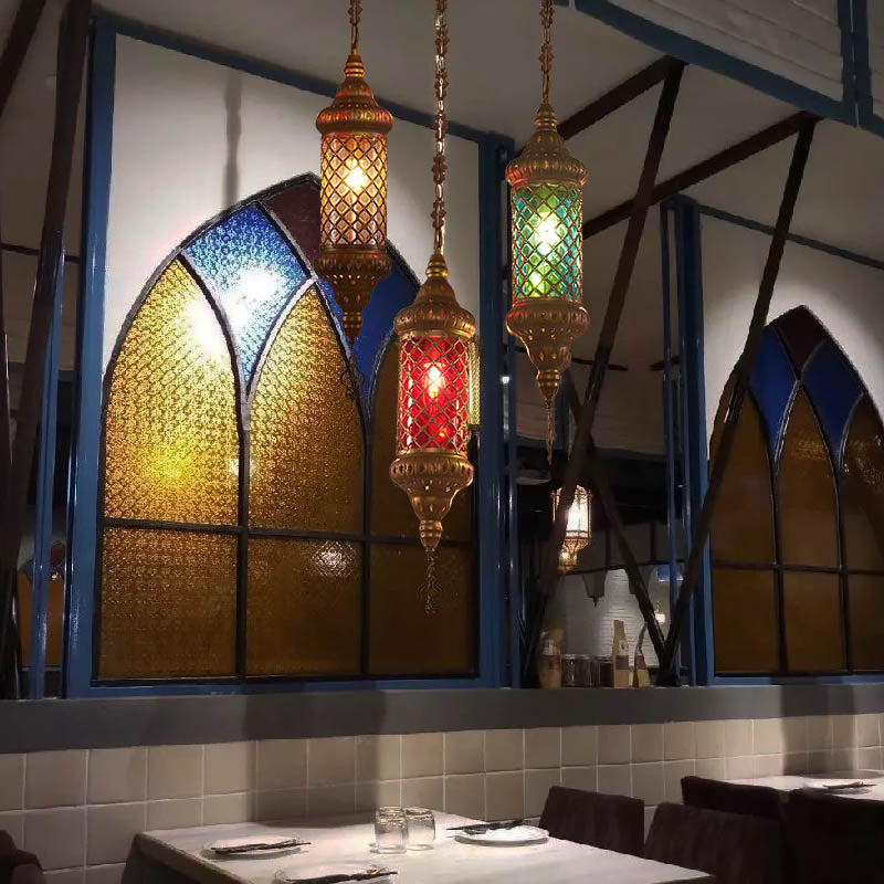 Colorful Glass Lantern Pendant Light For Restaurant - Traditional Design