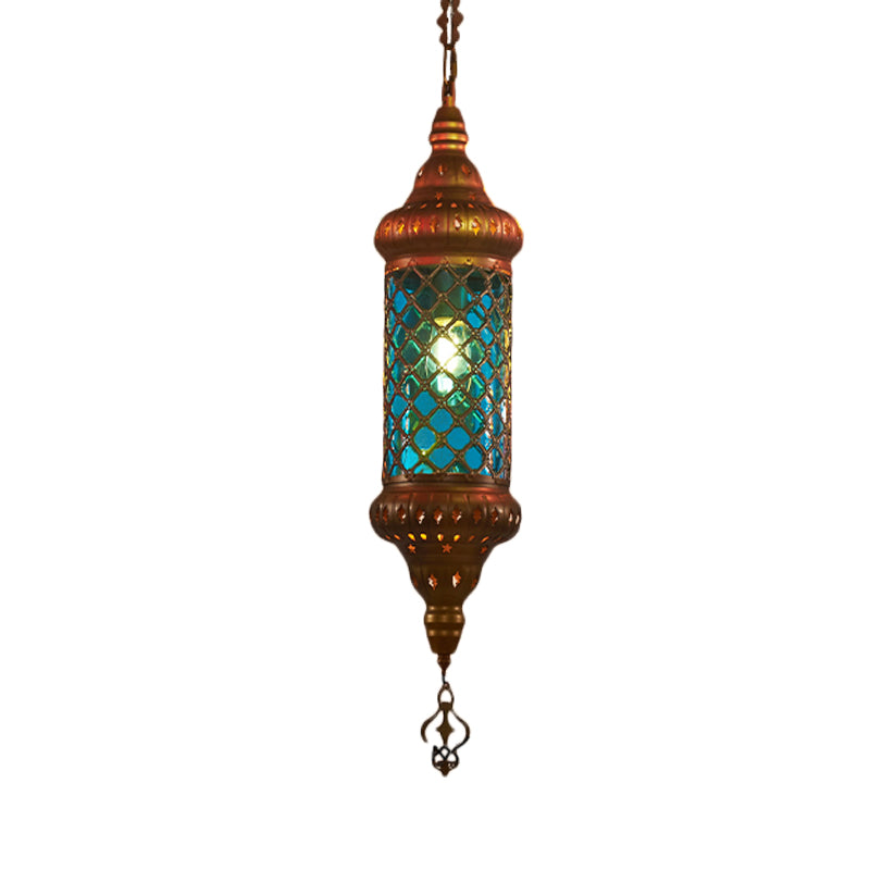 Colorful Glass Lantern Pendant Light For Restaurant - Traditional Design Blue