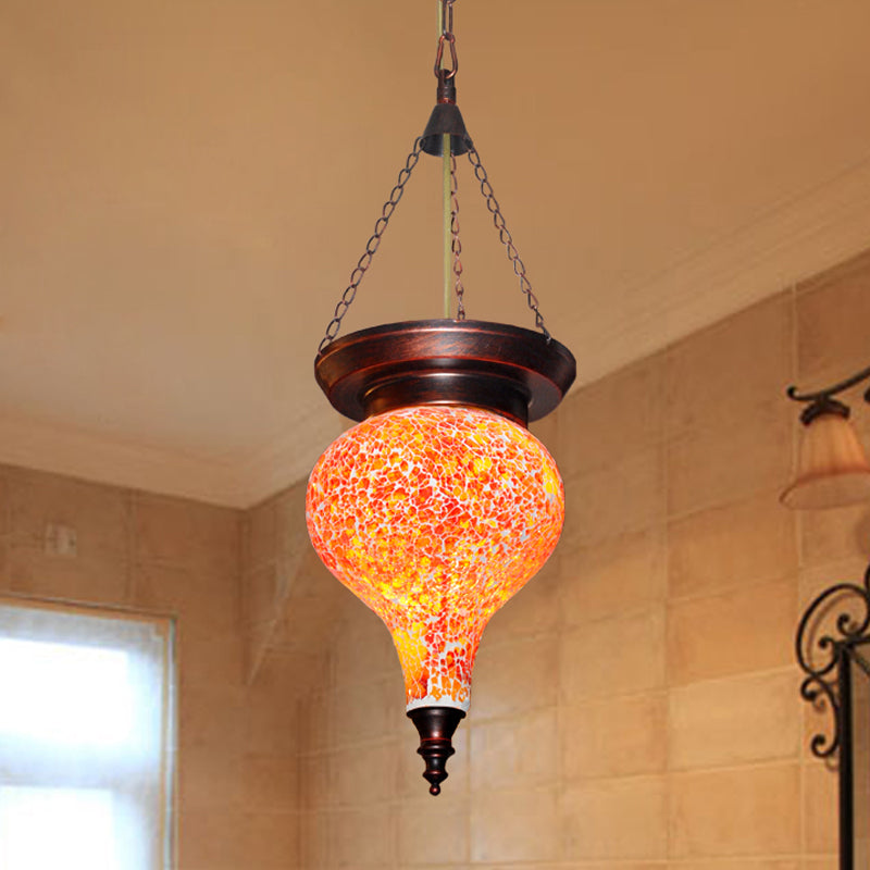 Multicolored Stained Glass Pendant Light With Traditional Urn Design In Orange Red