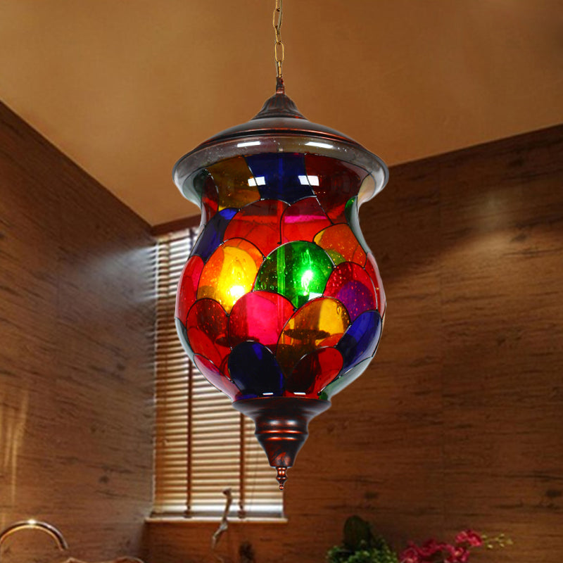 Mediterranean Stained Glass Urn Living Room Pendant Light Fixture - Red (1 Head)