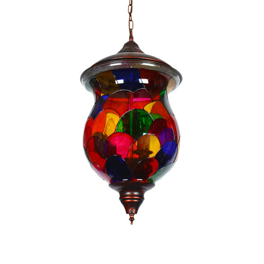 Mediterranean Stained Glass Urn Living Room Pendant Light Fixture - Red (1 Head)