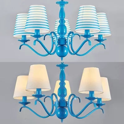 Blue Metal Chandelier: Bucket Shade Pendant Light With 5 Contemporary Lights For Dining Room