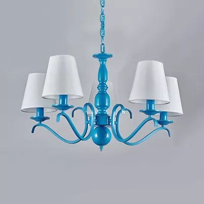 Blue Metal Chandelier: Bucket Shade Pendant Light With 5 Contemporary Lights For Dining Room