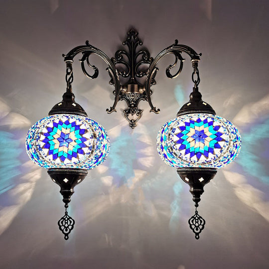 Turkish Hand-Cut Glass Wall Sconce Light Fixture - Dual Bulb Mount Lighting (White/Red/Pink) Blue