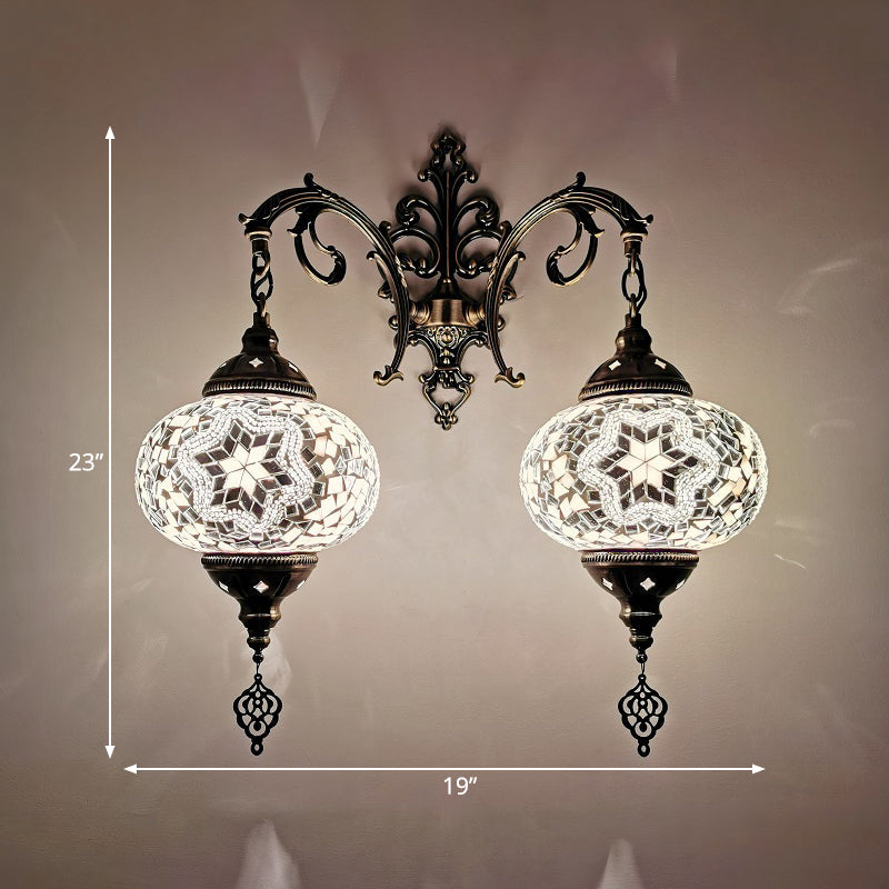 Turkish Hand-Cut Glass Wall Sconce Light Fixture - Dual Bulb Mount Lighting (White/Red/Pink)