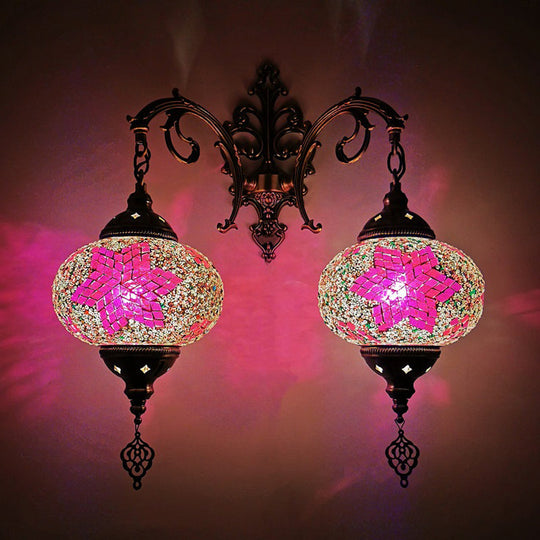 Turkish Hand-Cut Glass Wall Sconce Light Fixture - Dual Bulb Mount Lighting (White/Red/Pink) Pink