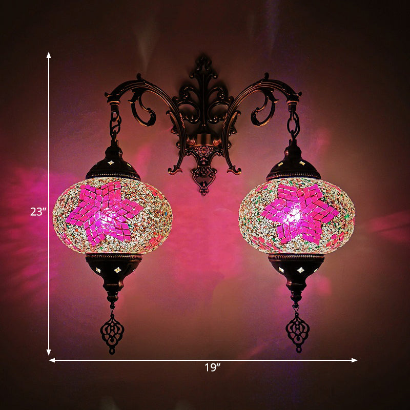 Turkish Hand-Cut Glass Wall Sconce Light Fixture - Dual Bulb Mount Lighting (White/Red/Pink)