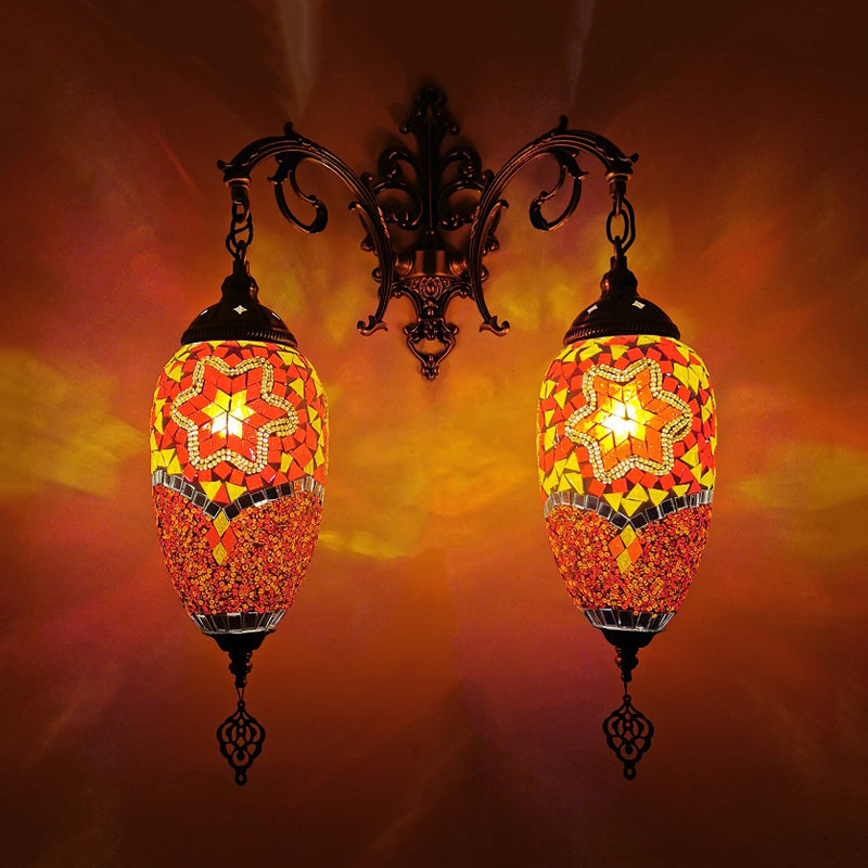 Mediterranean Stained Glass Wall Lighting With 2 Heads - Bar Mount Lamp In Red/Orange/Green Orange