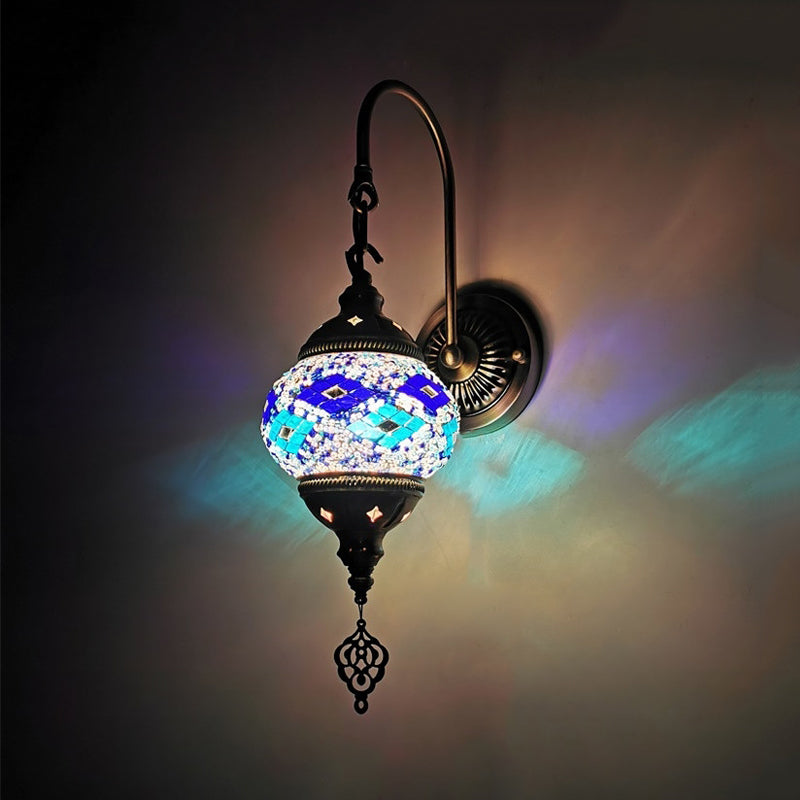 Traditional Stained Glass Wall Sconce Light - Orb Restaurant Yellow/Gold/Lake Blue Lake