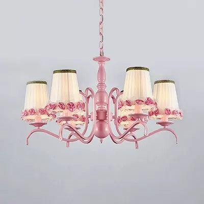 Pink Flower Chandelier: Fabric Tapered Shade Kids Hanging Light For Girls Bedroom