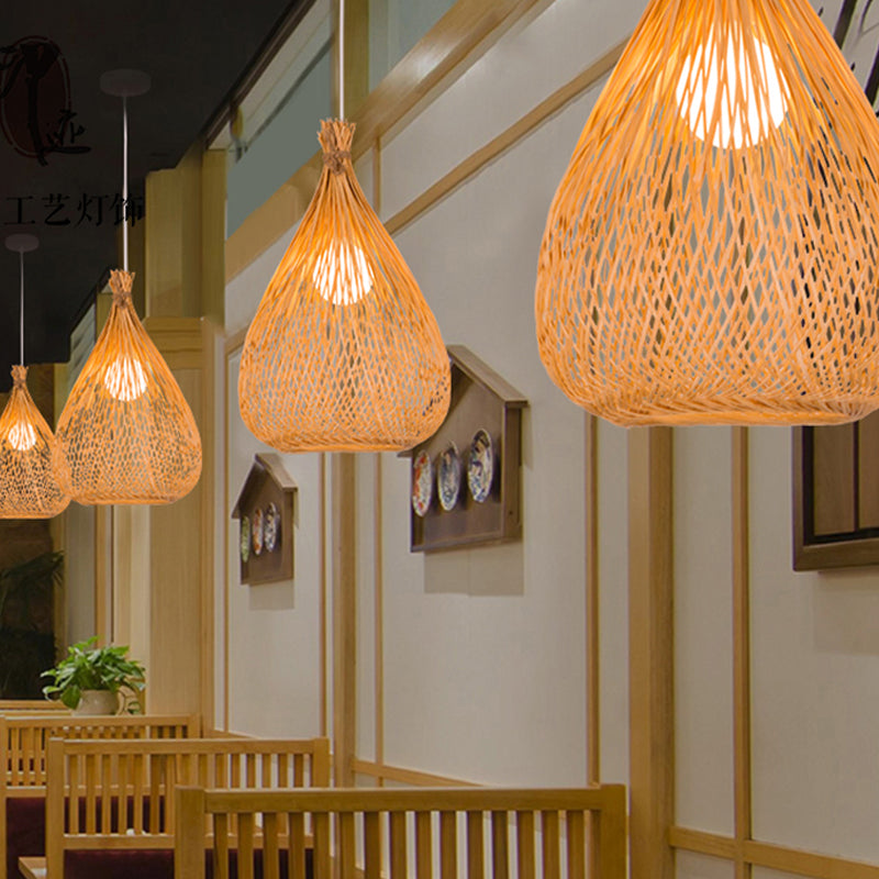 Japanese Bamboo Pendant Lighting: Hand-Woven 1 Bulb Wood Ceiling Suspension Lamp For Tearoom