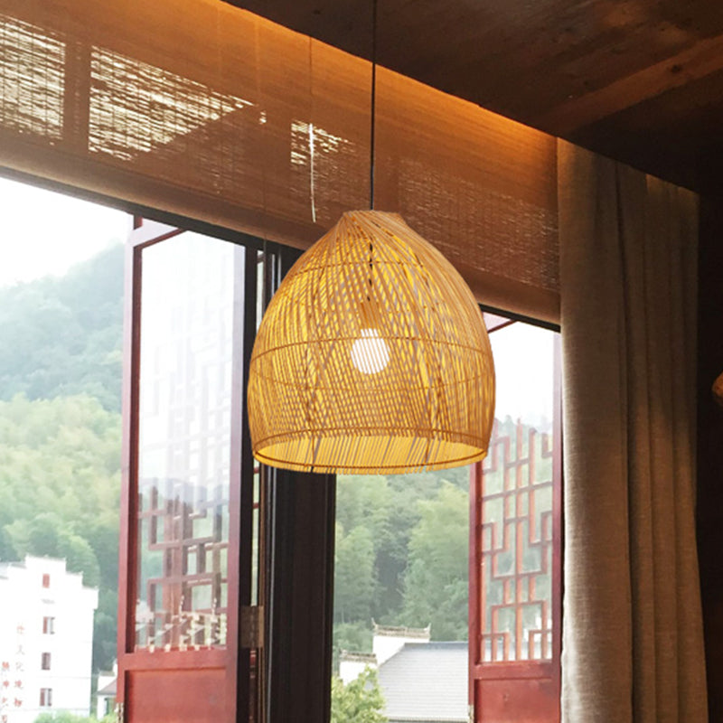 Asia Beige Dining Room Ceiling Lamp With Bamboo Shade - Hanging Pendant Light