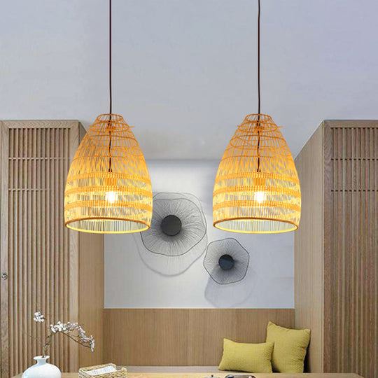 Bamboo Pendant Light - Wide Flare Ceiling Lamp With 1 Bulb In Beige