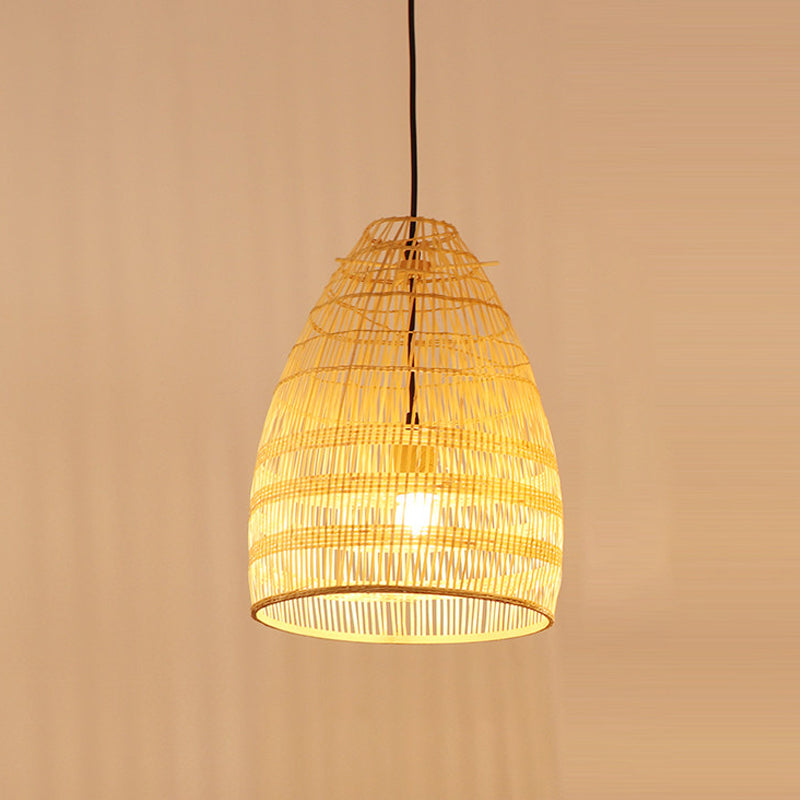 Bamboo Pendant Light - Wide Flare Ceiling Lamp With 1 Bulb In Beige