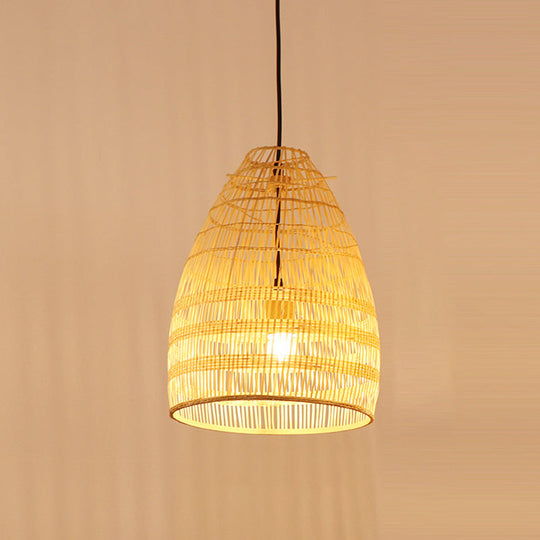 Bamboo Pendant Light - Wide Flare Ceiling Lamp With 1 Bulb In Beige