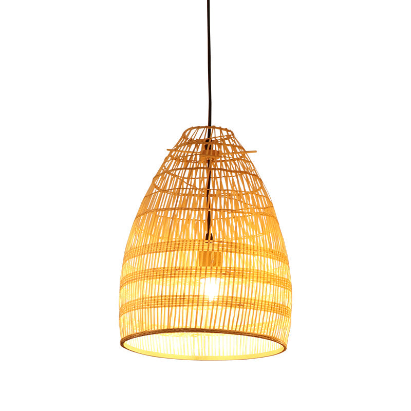 Bamboo Pendant Light - Wide Flare Ceiling Lamp With 1 Bulb In Beige